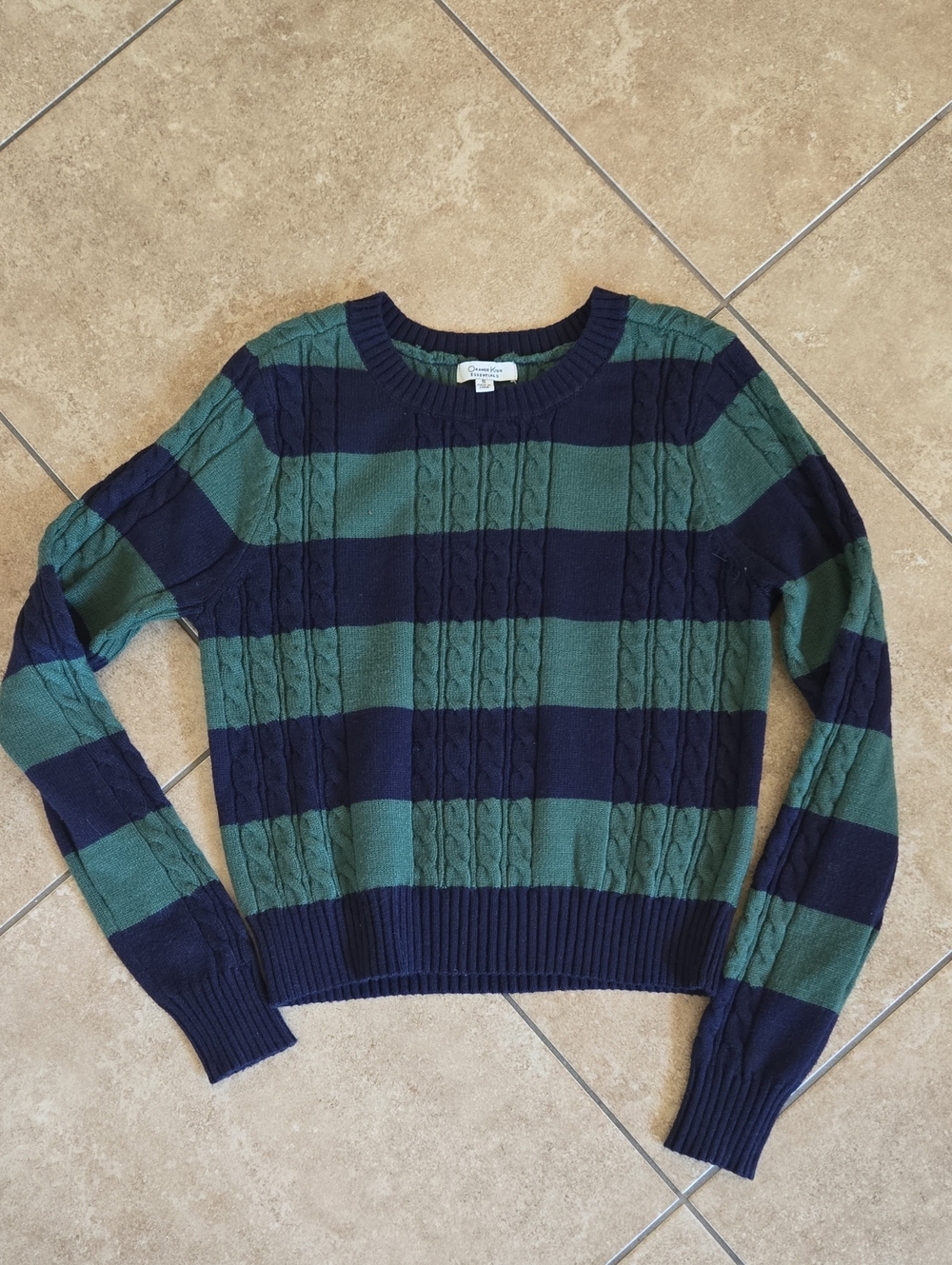 Striped Cable-Knit Crewneck Sweater - Green & Navy